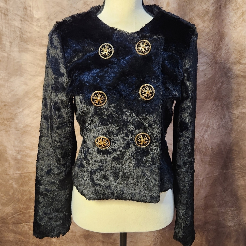 Elegant Black Cropped Faux Fur Jacket with Gold Accents